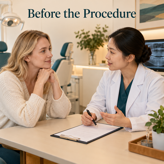 Health history and previous care are discussed before surgery. Educational illustration.
