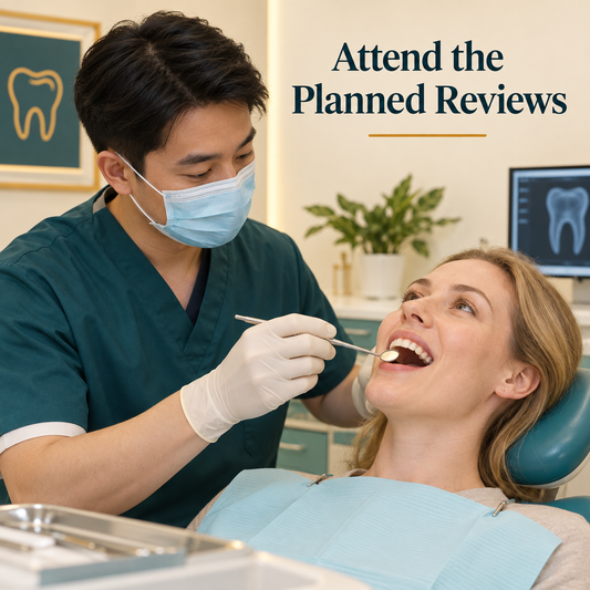 The clinician checks healing at review. Educational illustration.