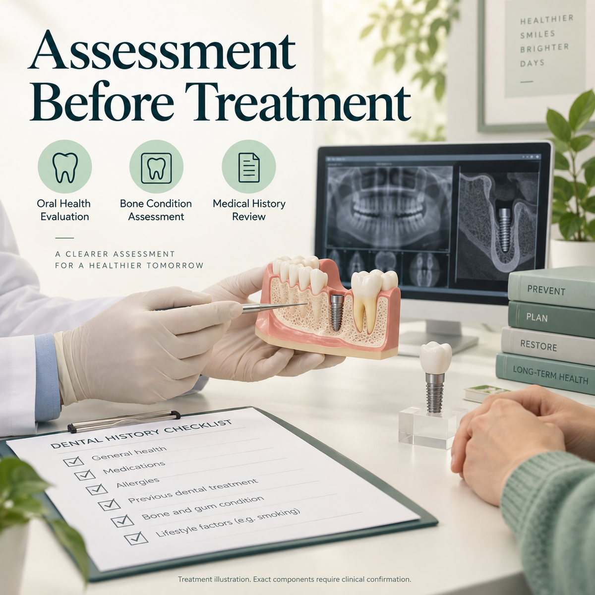 Axiom treatment: assessment. Conceptual illustration; exact components require clinical confirmation.