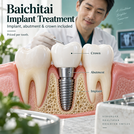 Baichitai implant treatment illustrated with the implant, abutment and crown, priced per tooth.