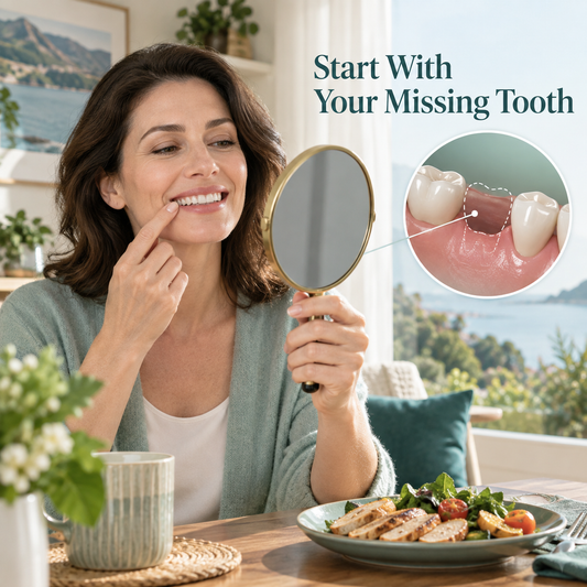 Patient considering a missing tooth and everyday goals for chewing and appearance.