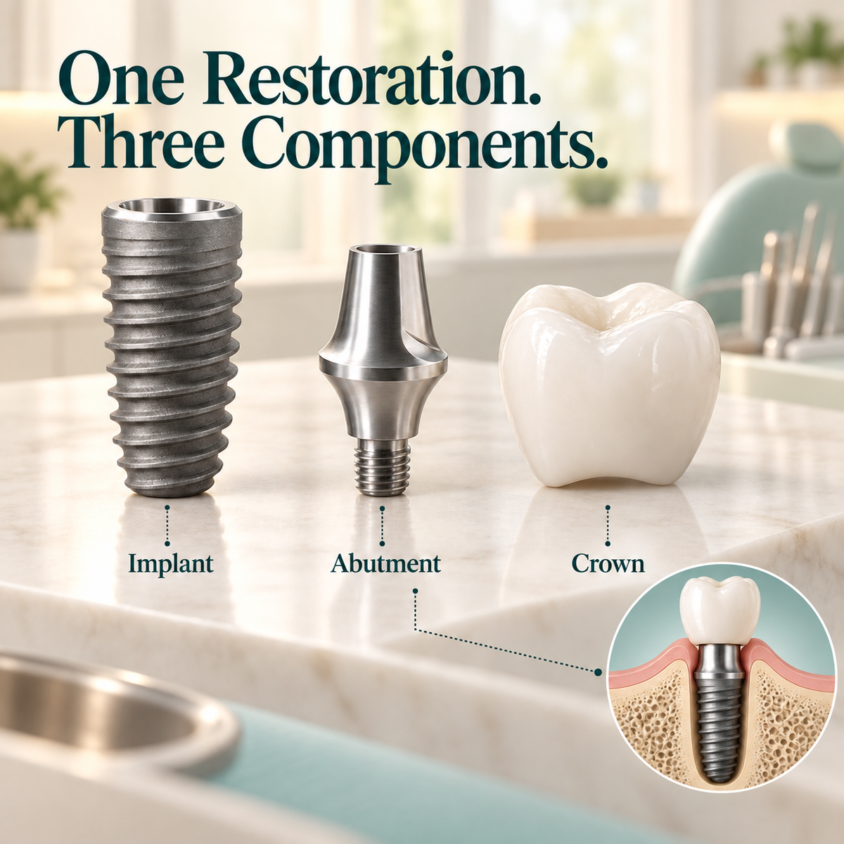Implant body, connecting abutment and crown shown as three parts of one restoration.