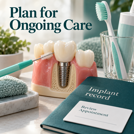 Daily cleaning tools, an implant record and a review reminder for continuing care.