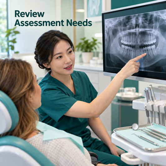 Chinese dentist reviewing a dental radiograph to discuss assessment needs.