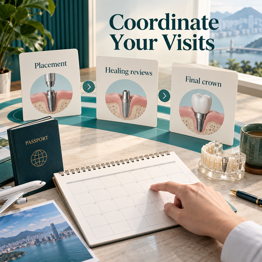 Appointment planning for placement, healing reviews and final crown fitting.