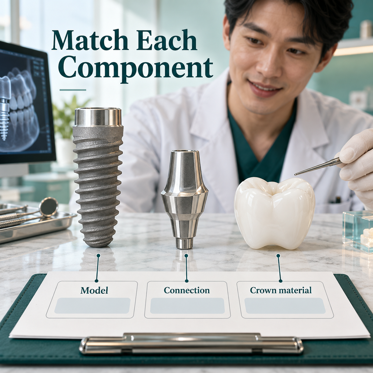 Matching the implant, abutment and crown to written model, connection and crown material specifications.