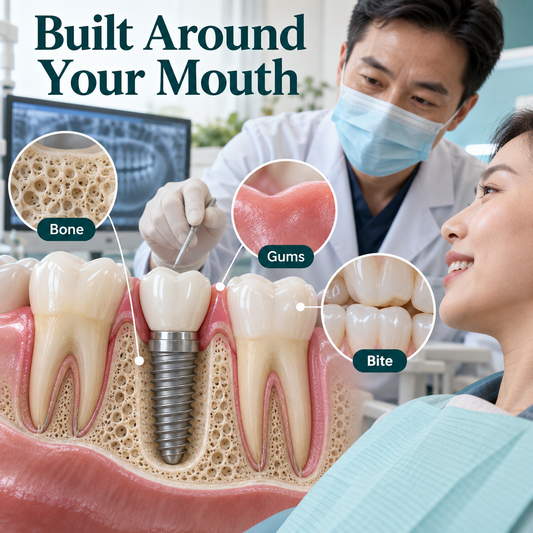 Bone, gum and bite considerations for an individual implant restoration plan.