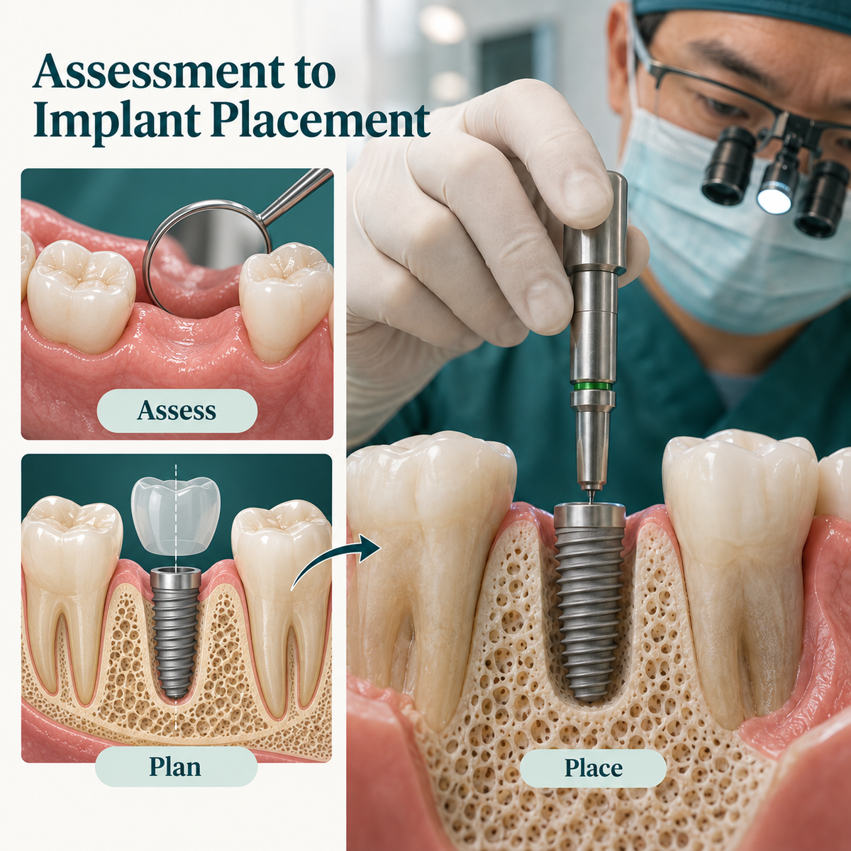 Assessment, planning and implant placement shown as distinct stages.