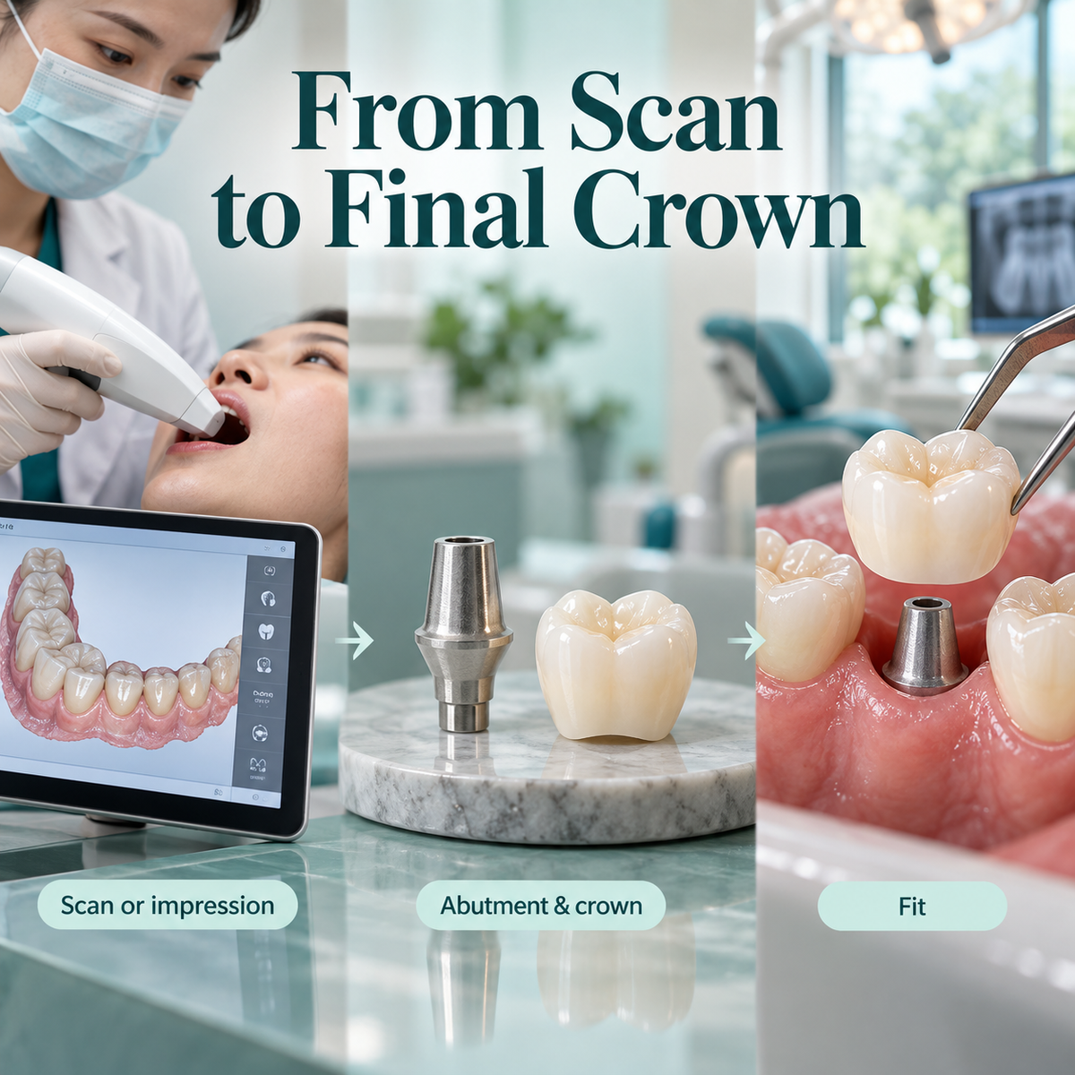 Scan or impression, abutment and crown, and final fitting in the restorative stage.