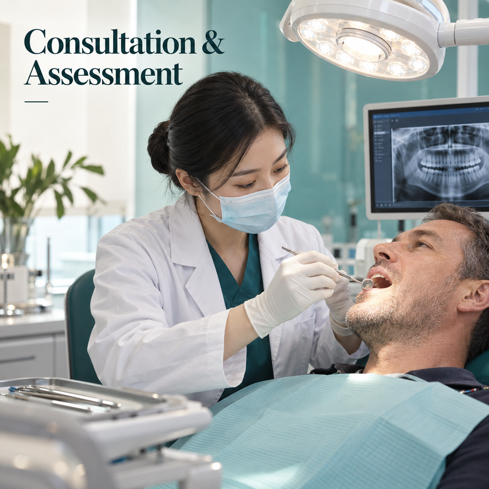 Chinese dentist performing an oral examination and pre-operative assessment.