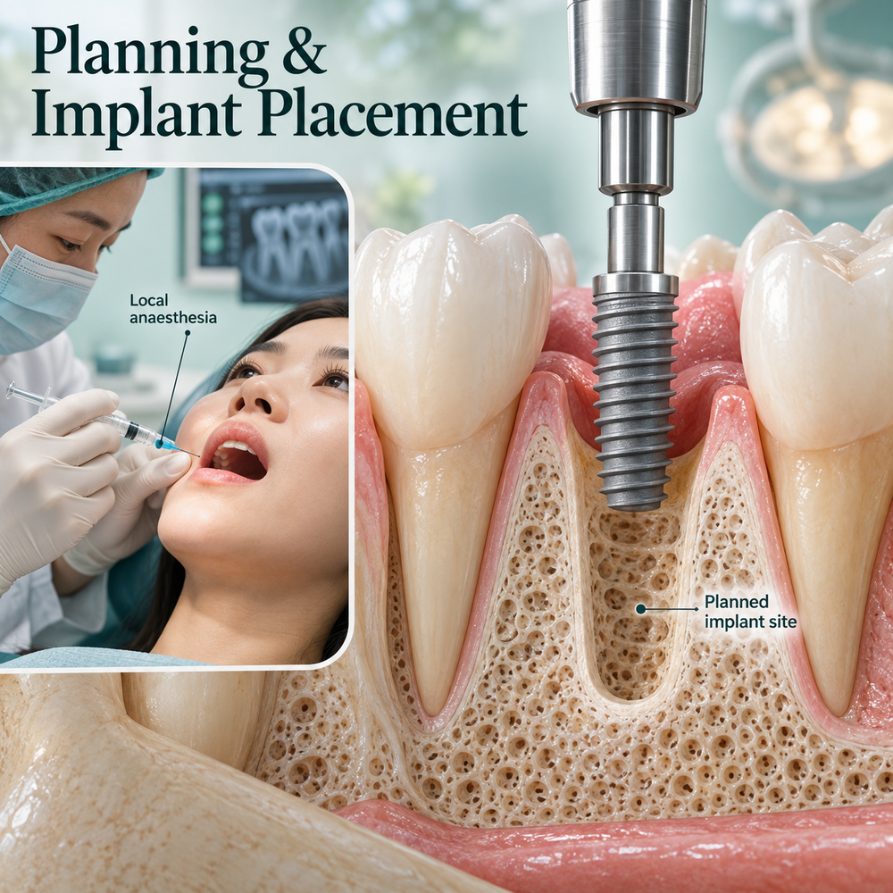 Educational illustration of local anaesthesia and implant placement at a planned site.