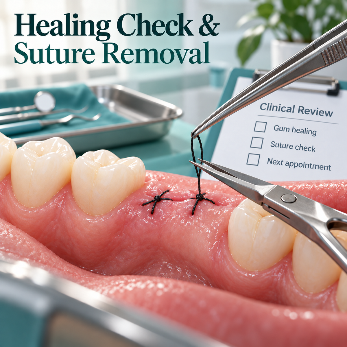 Treatment-period review and removal of a gum suture, shown as an educational illustration.