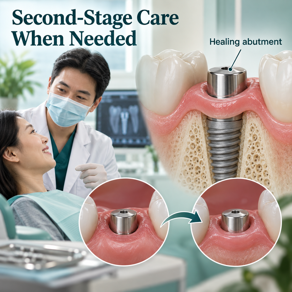 Healing abutment and gum shaping for second-stage care when required.
