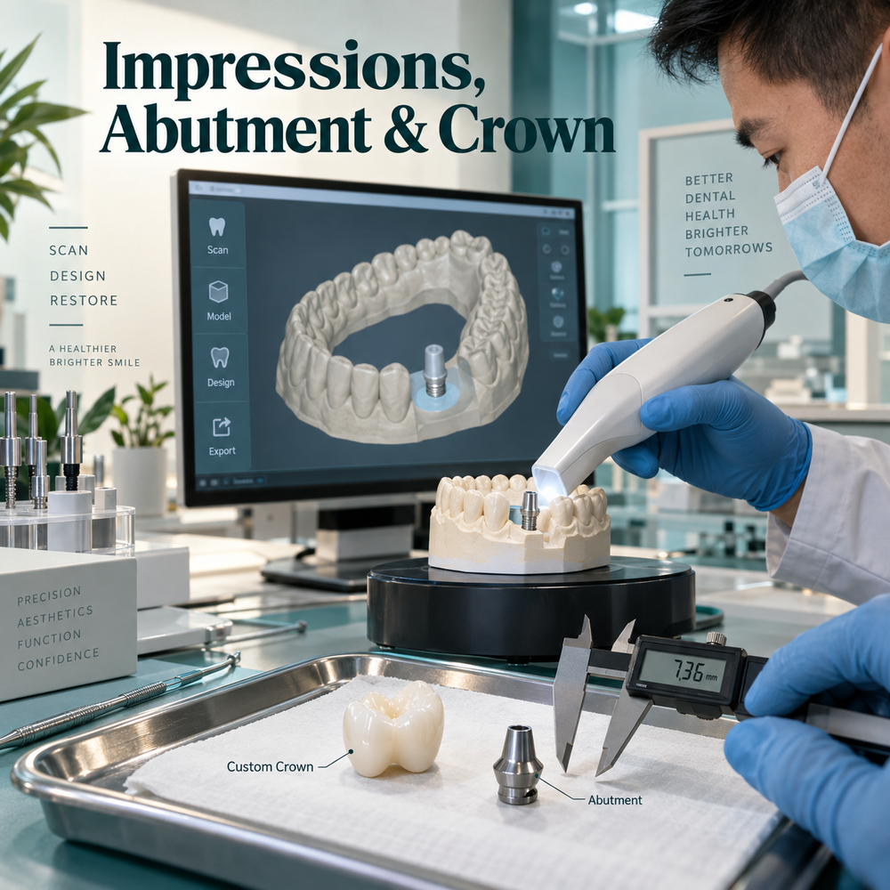 Digital scan and abutment and crown fabrication and fitting concepts.