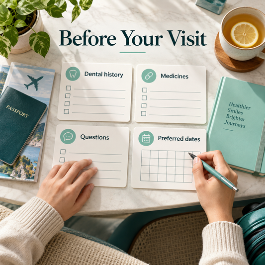 Dental history, medicines, questions and preferred dates prepared before a visit.