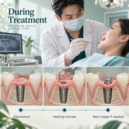 Implant placement, healing reviews and any required next-stage care during treatment.