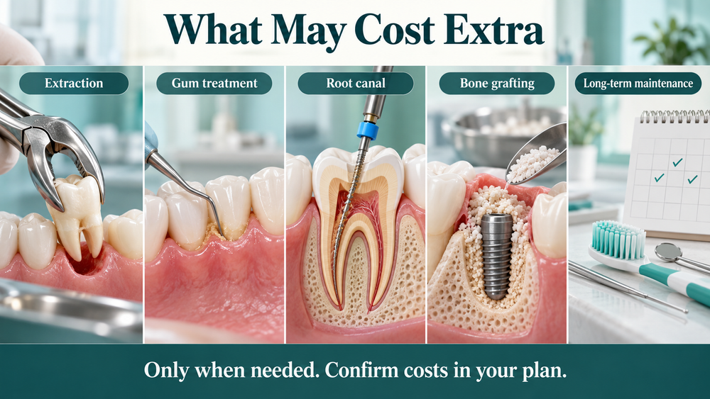 Potential separate costs for extraction, gum care, root canal, grafting and long-term maintenance.