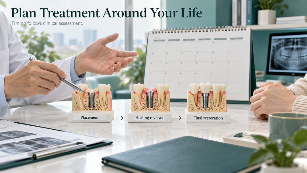 Treatment appointments planned around placement, healing reviews and final restoration.