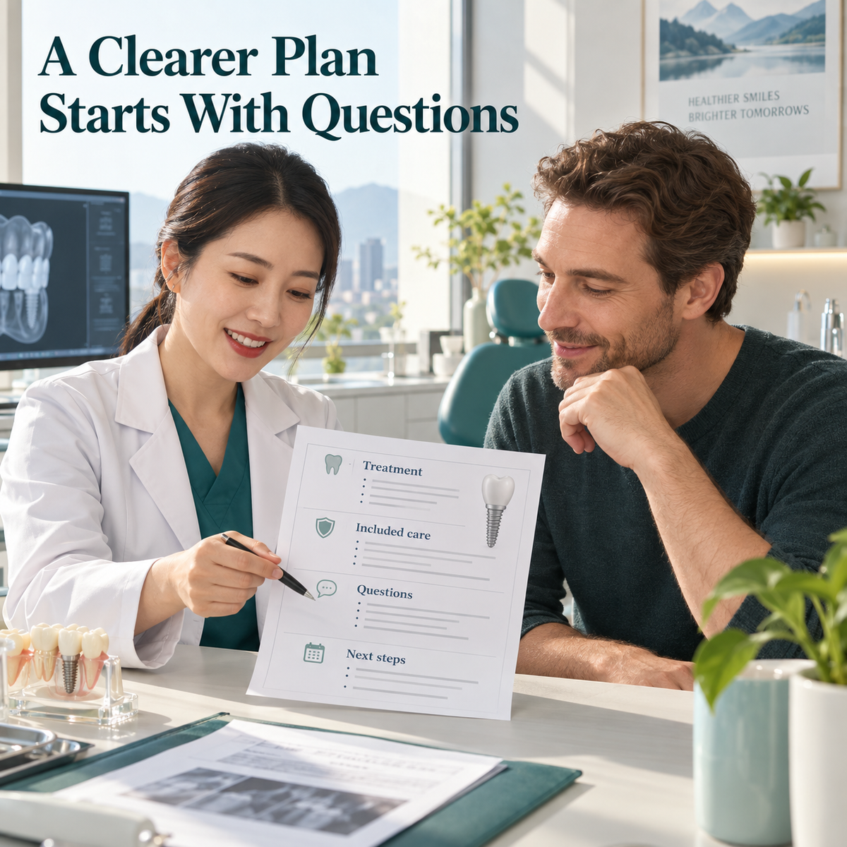 Chinese dentist and patient reviewing questions and the proposed implant treatment plan.