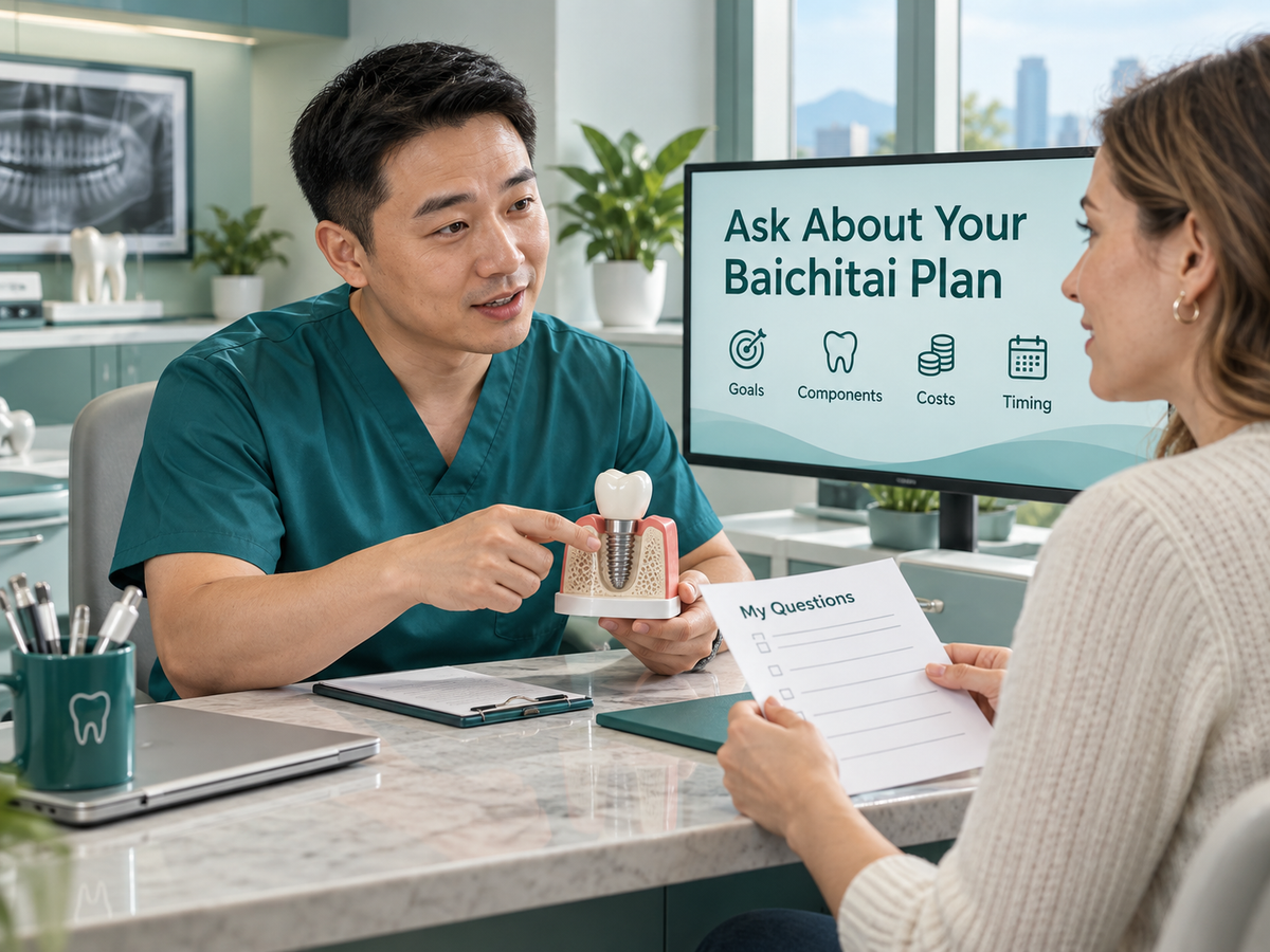 Chinese dentist and patient discussing Baichitai goals, components, costs and preferred timing.