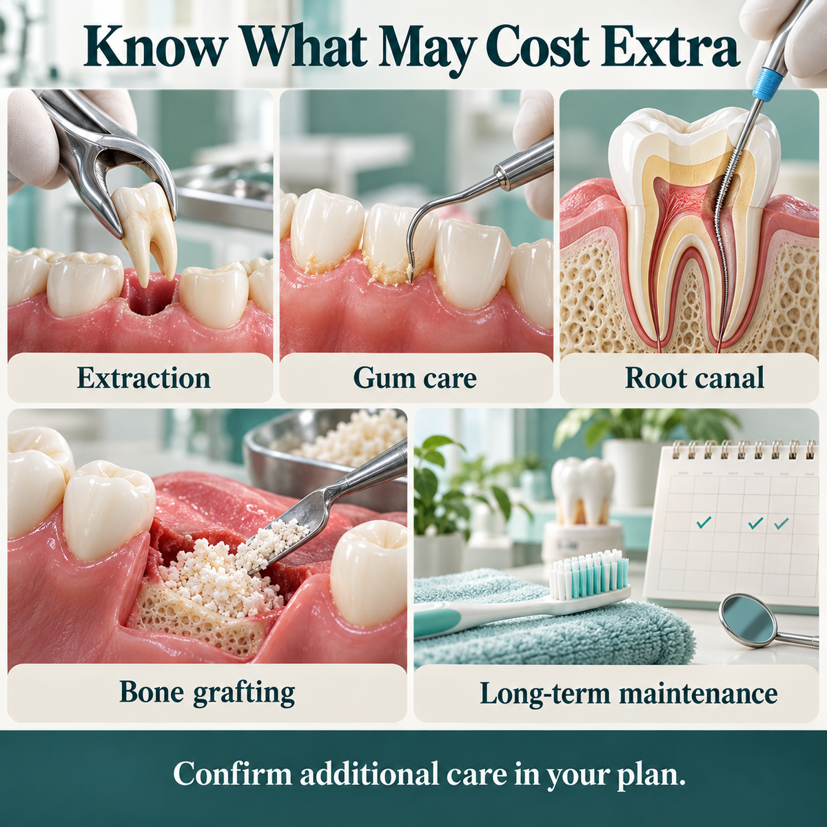Potential separate costs for extraction, gum care, root canal, grafting and long-term maintenance.
