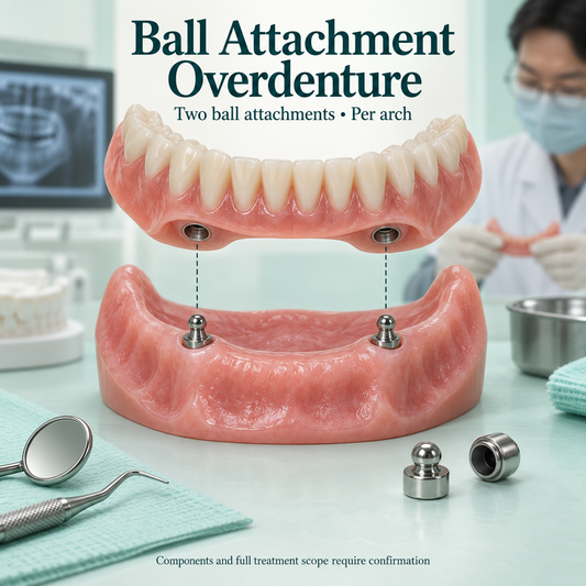 Two ball attachments with a removable lower overdenture shown above the matching anchor positions. Educational illustration.