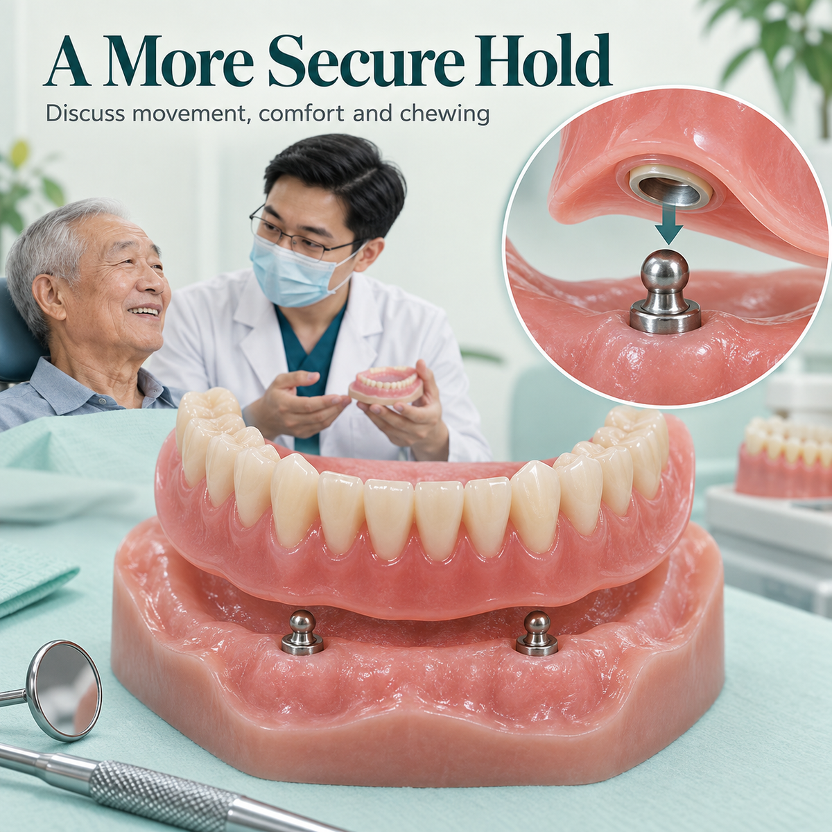 Ball-retained denture seated on an arch, with one enlarged ball-and-socket mechanism. Educational illustration.