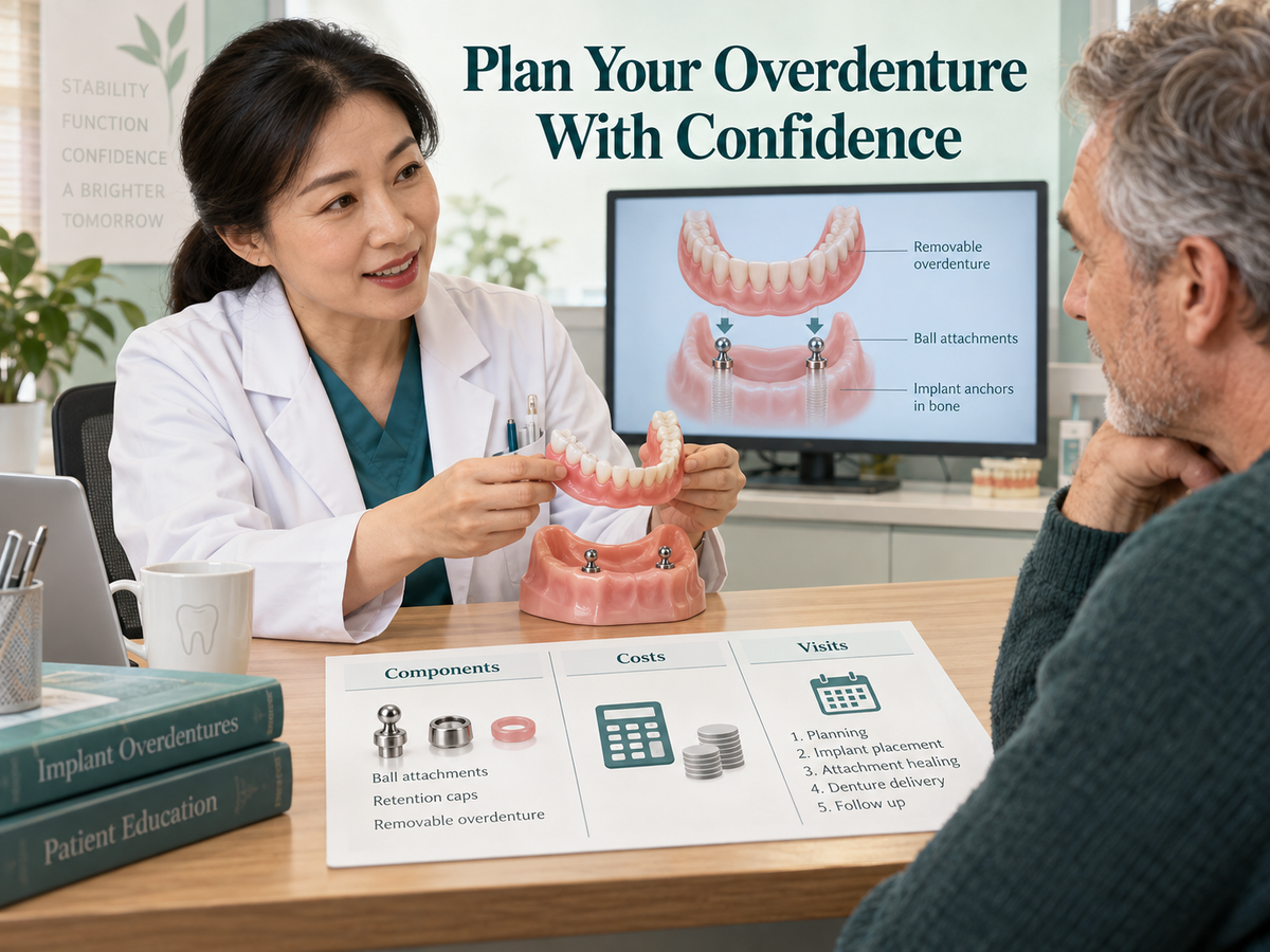 Chinese dentist and adult patient discussing an overdenture model and written scope. Educational illustration.
