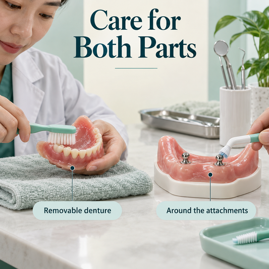 Separate denture cleaning and careful cleaning around ball anchors. Educational illustration.