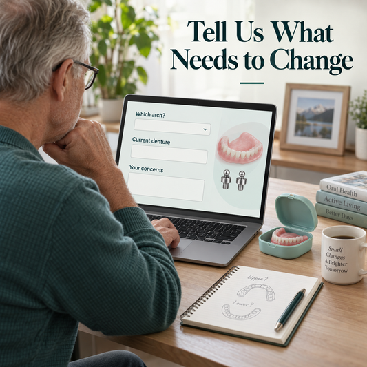 Patient describing current denture concerns on a laptop inquiry form. Educational illustration.