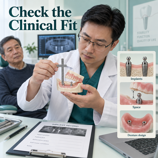 Chinese clinician assessing implant records, restorative space and a denture model. Educational illustration.