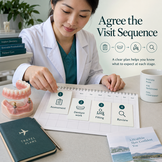 Appointment planning for assessment, denture work, fitting and review. Educational illustration.