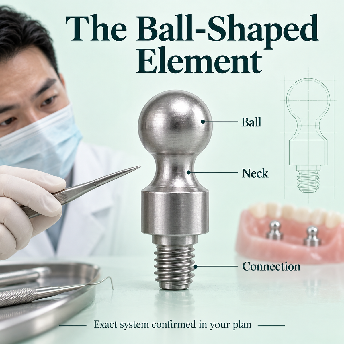 Close educational view of a spherical ball anchor and connection. Educational illustration.