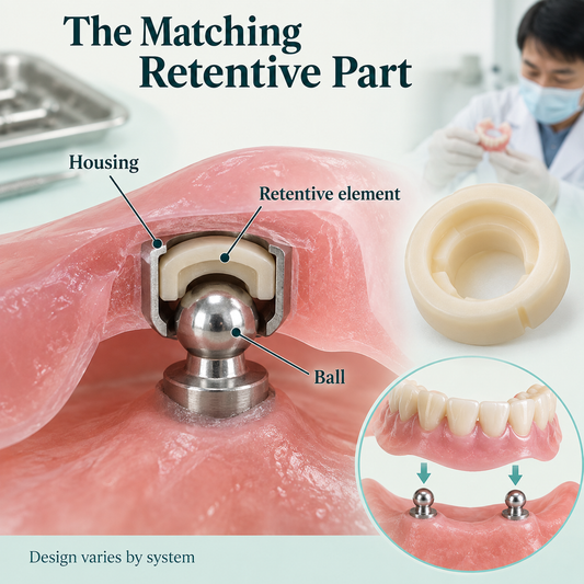 Denture-side housing and retentive element shown as an educational cutaway. Educational illustration.