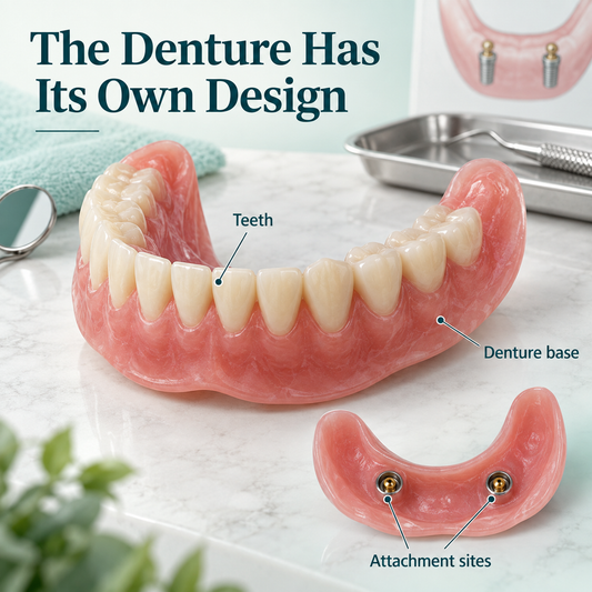 Removable full lower denture with base, teeth and underside attachment sites. Educational illustration.