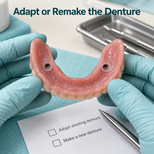 Chinese technician inspecting an existing removable denture and its proposed attachment sites. Educational illustration.