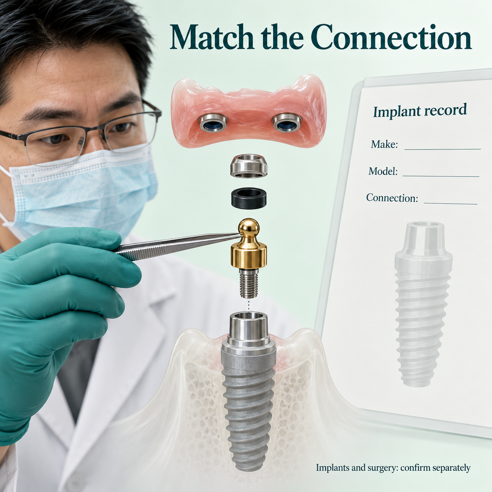 Implant connection record and ball attachment shown for compatibility review. Educational illustration.