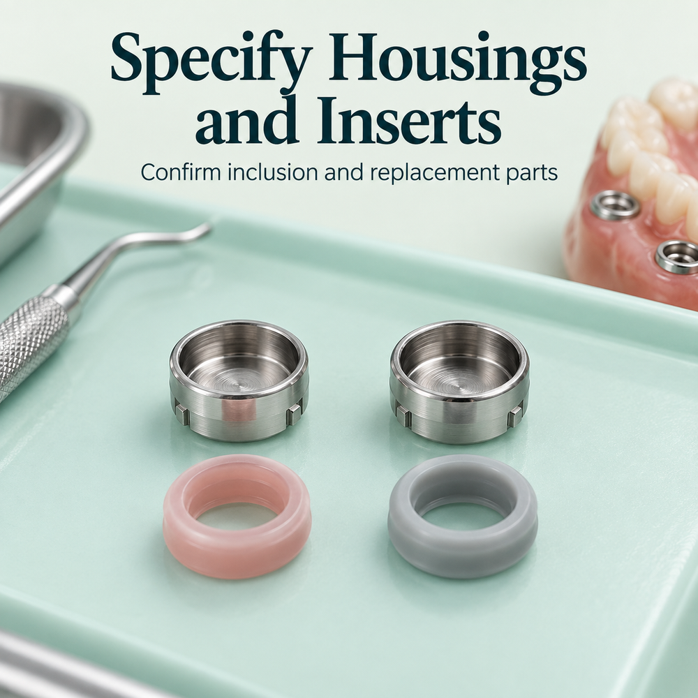 Two small denture-side housings and retentive inserts arranged separately. Educational illustration.
