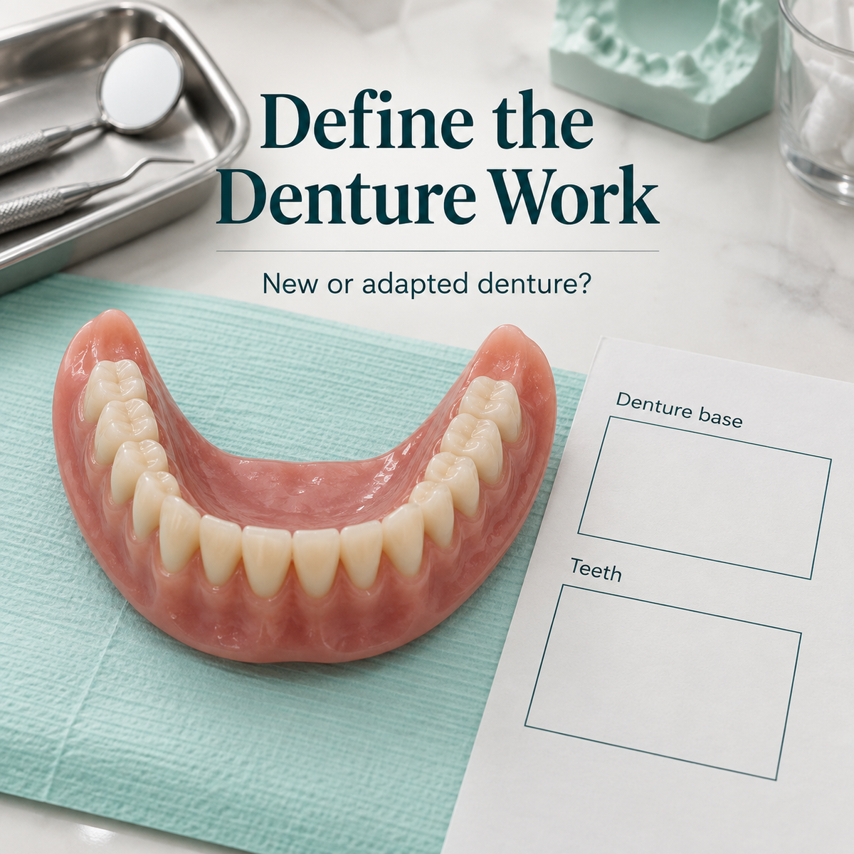 Denture base and artificial tooth arrangement identified in the treatment scope. Educational illustration.