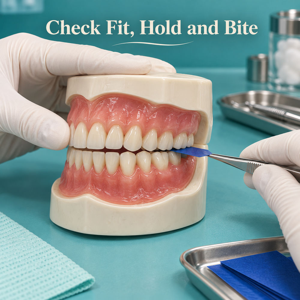 Gloved hands checking opposing denture teeth with articulating paper on a model. Educational illustration.