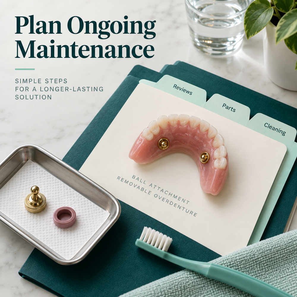 A follow-up record, small retentive parts and cleaning tools for maintenance planning. Educational illustration.