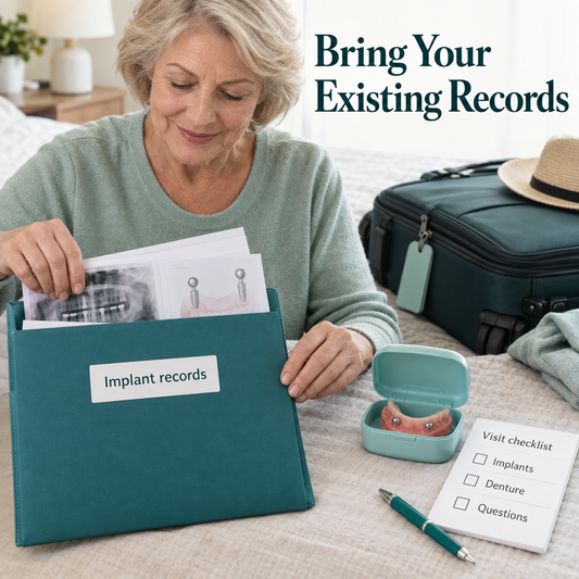 Patient preparing implant records and denture information before travelling. Educational illustration.