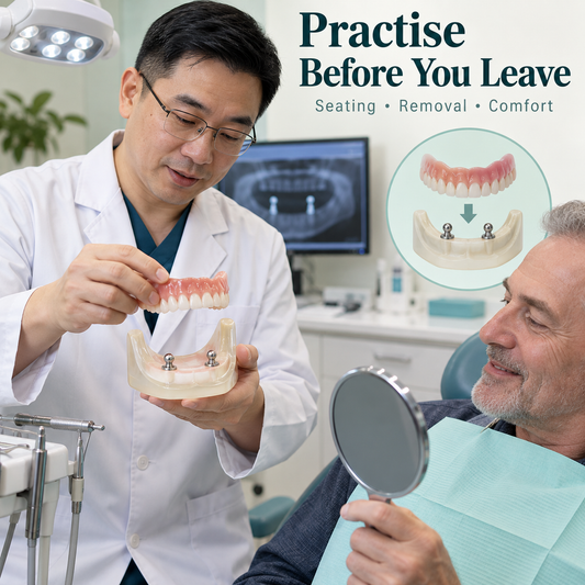 Patient practising removable denture insertion with a mirror and a Chinese clinician. Educational illustration.