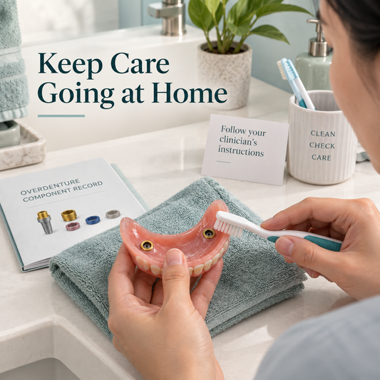 At-home care setup for a removable overdenture and maintenance record. Educational illustration.