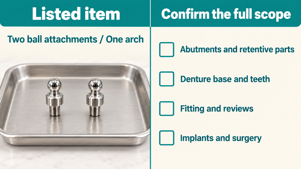 Wide itemised cost-planning illustration distinguishing two attachments from other treatment components. Educational illustration.