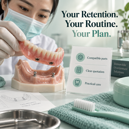 Ball-retained removable overdenture, written scope and cleaning brush combined into a final planning checklist. Educational illustration.
