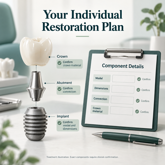 Bicon implant treatment illustration: plan. Exact components require clinical confirmation.