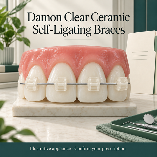 Large teaching upper dental arch with translucent tooth-coloured ceramic brackets centered on OUTER tooth faces, one slim metal archwire with a visible built-in self-ligating door and no elastic ties. Educational illustration.