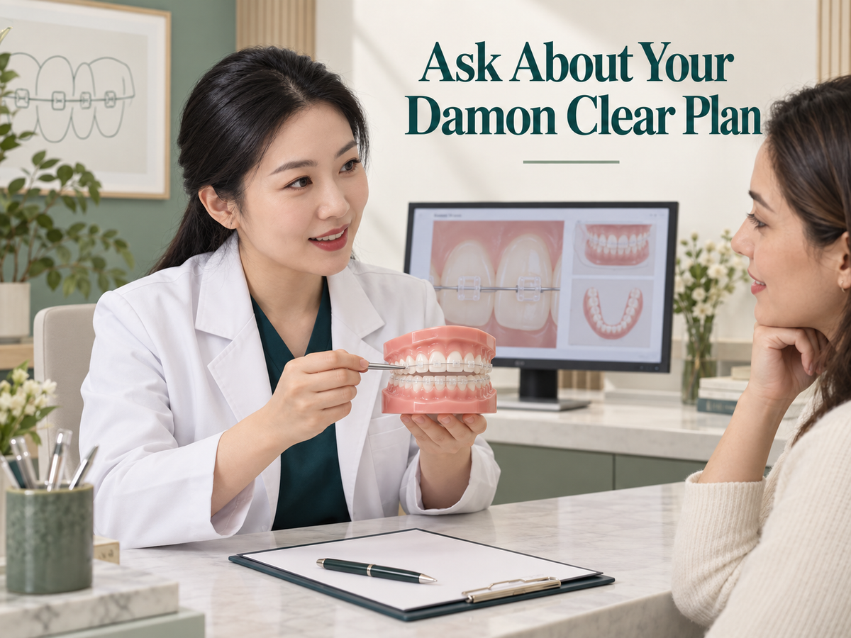 Chinese female orthodontist explains a teaching model with translucent tooth-coloured ceramic OUTER brackets and slim archwire to an adult international patient at a clinic desk. Educational illustration.