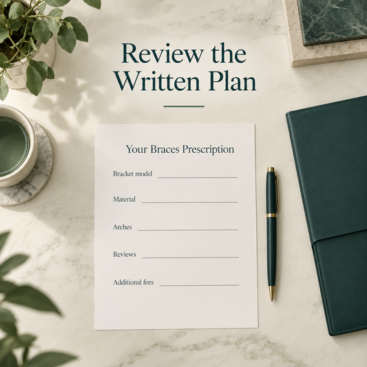 Top-down desk with blank sheet "Your Braces Prescription" and fields "Bracket model", "Material", "Arches", "Reviews", "Additional fees". Educational illustration.